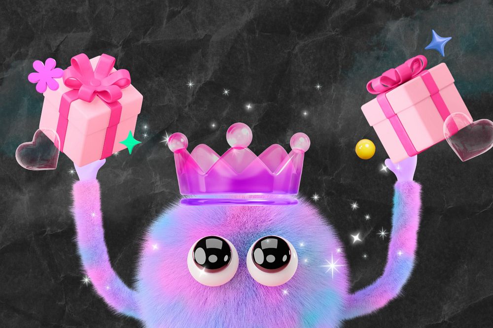 Birthday party background, furry monster holding gift boxes