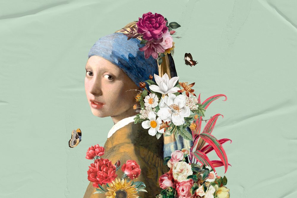 Surreal floral woman, Girl with a Pearl Earring, famous artwork remixed by rawpixel.