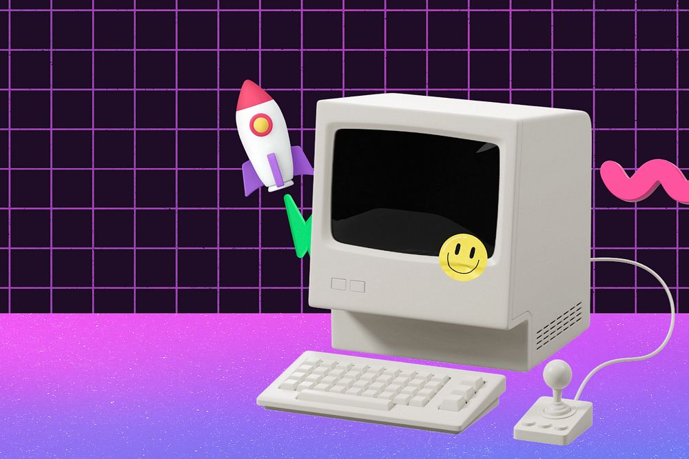 Retro computer, editable background, grid design