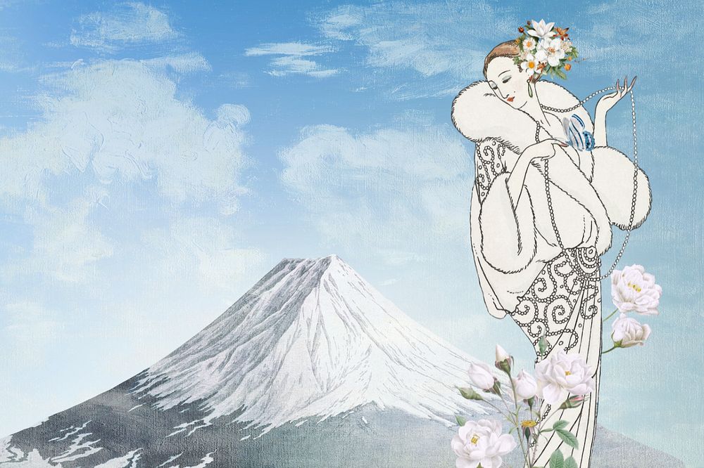 Japanese mountain aesthetic, vintage woman, George Barbier's artwork, remixed by rawpixel.