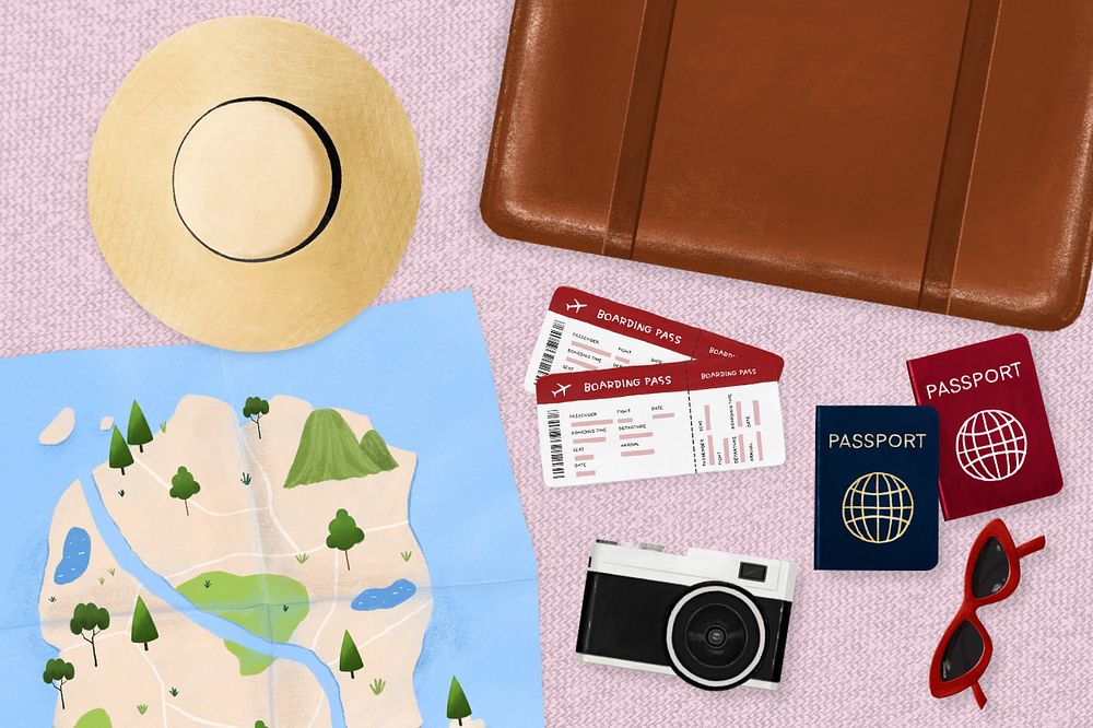 Travel aesthetic, luggage, passport and map illustration, editable design