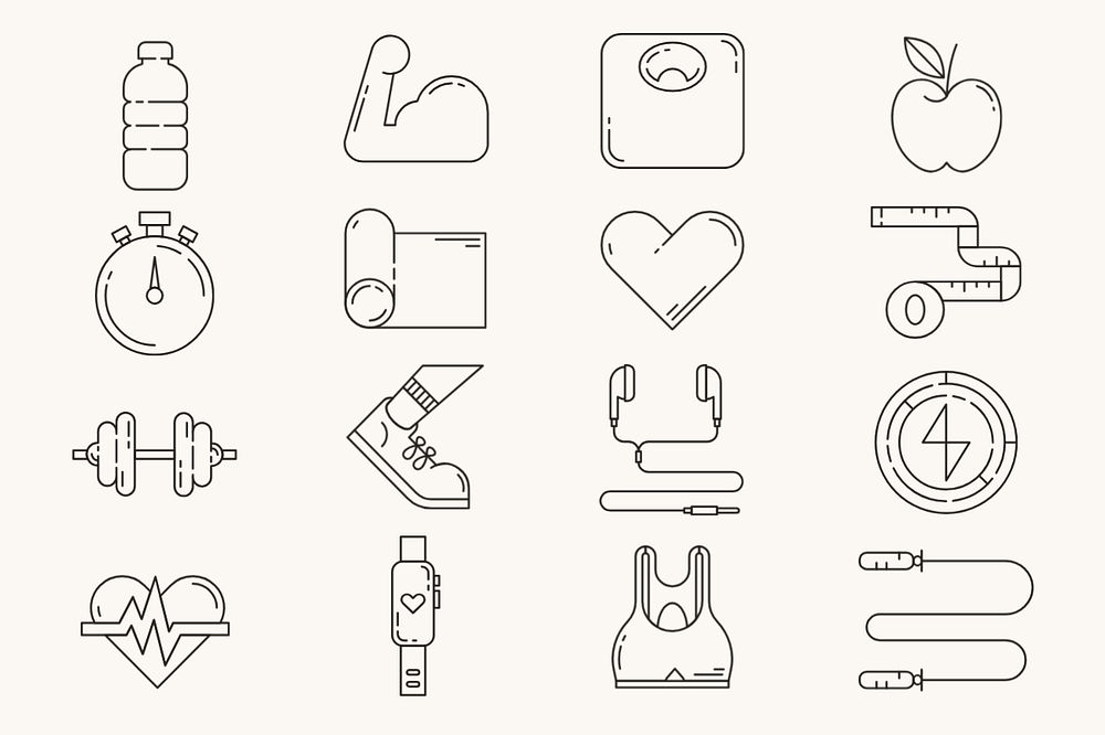 Fitness, health & wellness icons, black line art collection