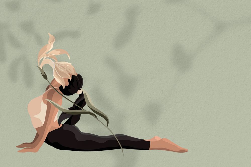 Woman flower aesthetic yoga green background, cobra pose, editable design