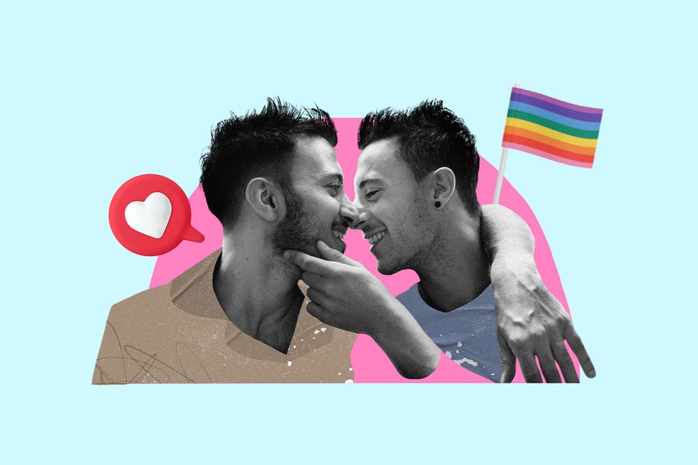 Lgbt couple, blue color, 3d remix, editable design