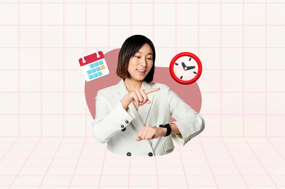 Businesswoman using smartwatch, business hours  editable remix