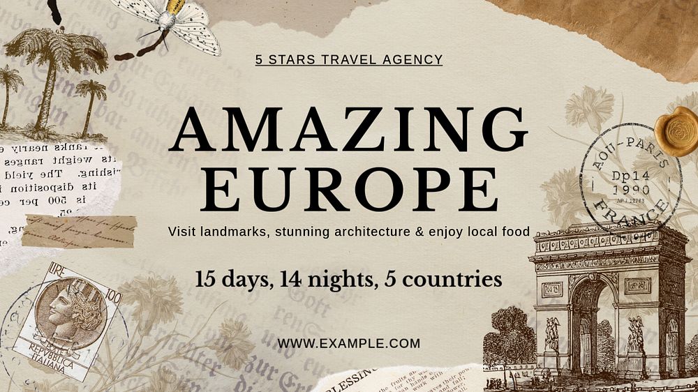 Europe travel blog banner template,  Ephemera remix