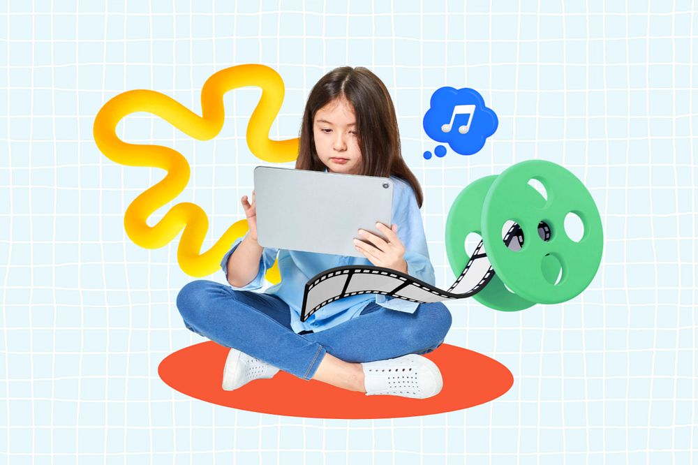 Girl using tablet, editable 3D entertainment remix design