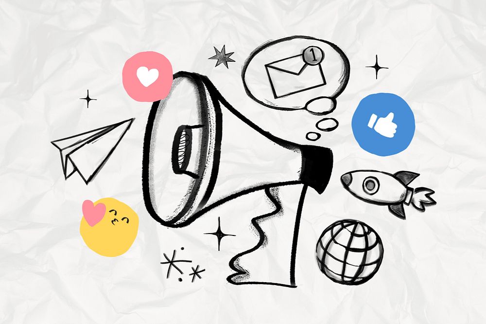 Digital marketing doodle, megaphone and rocket, editable design