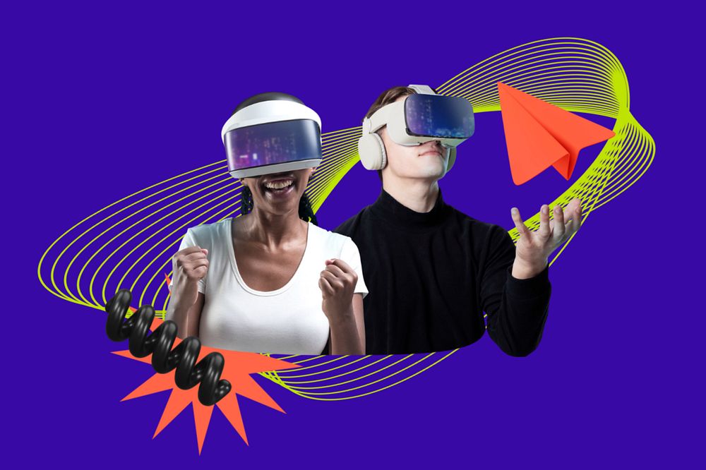 Diverse people experiencing VR headsets, editable 3D technology remix design