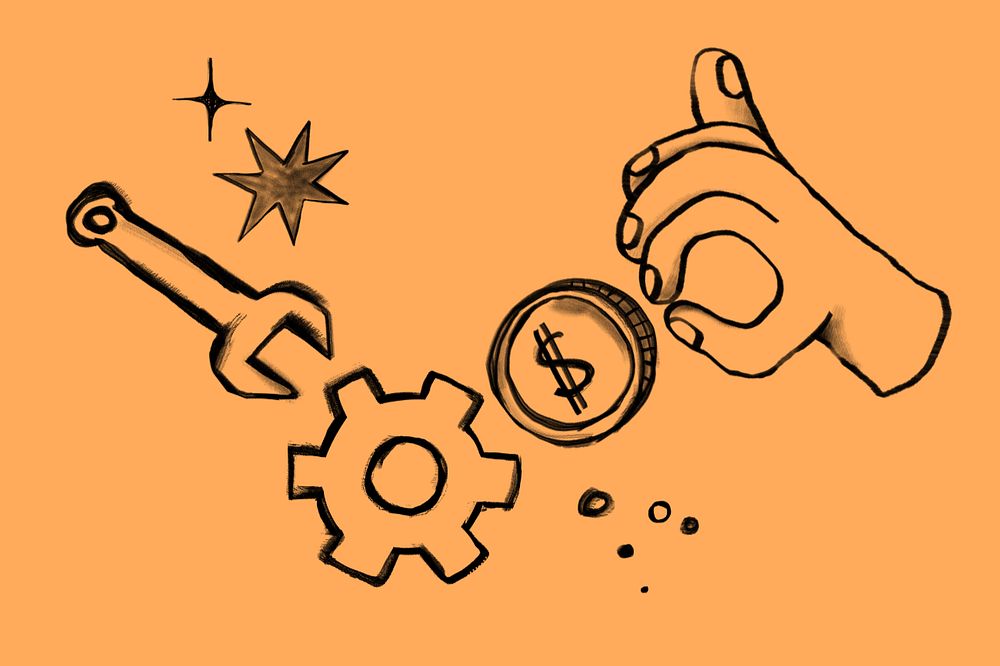 Hand paying cogwheel, business doodle, editable design