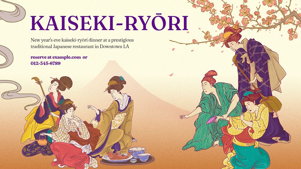 Kaiseki dinner blog banner template, editable Ukiyo-e art remix design