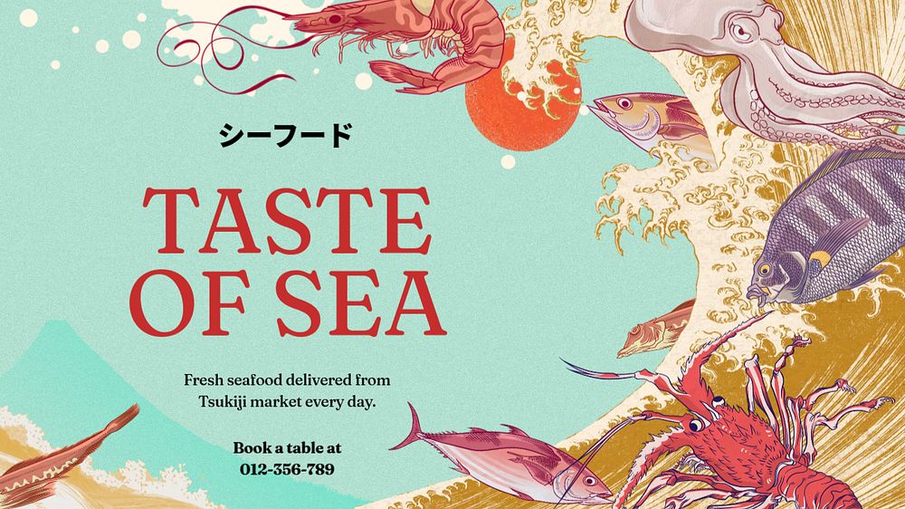 Seafood restaurant blog banner template, editable Ukiyo-e art remix design