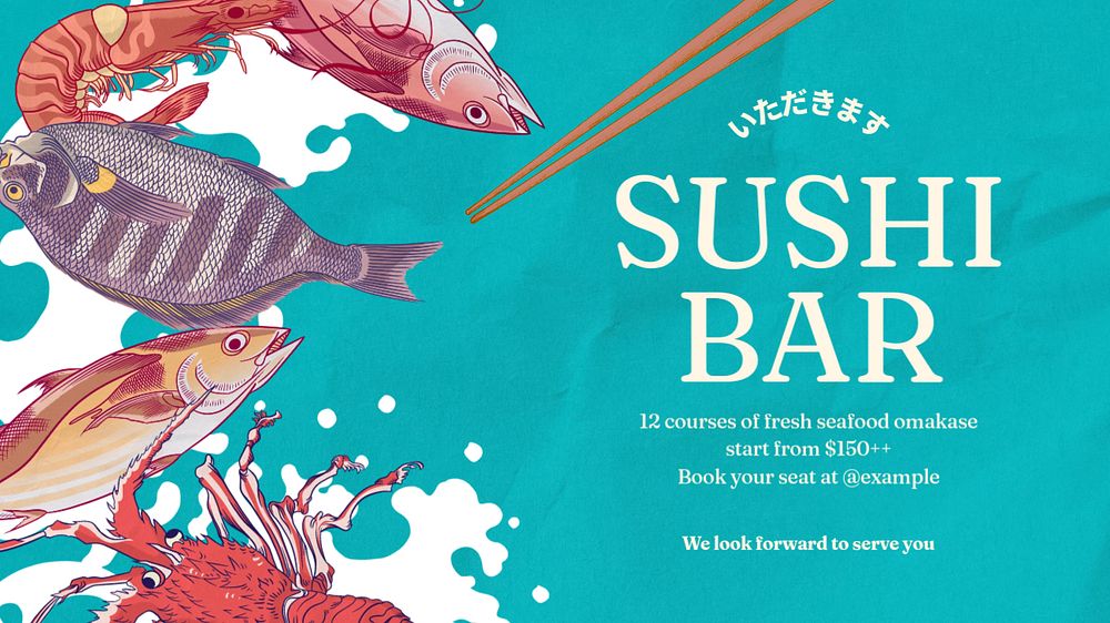 Sushi bar blog banner template, editable Ukiyo-e art remix design