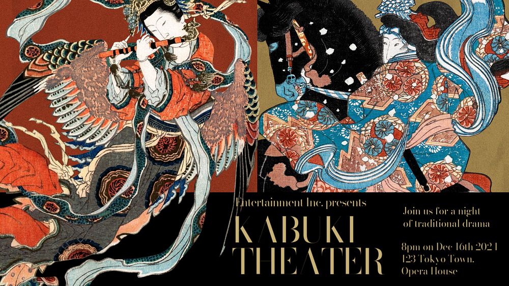 Japanese theater blog banner template, editable Ukiyo-e art remix design