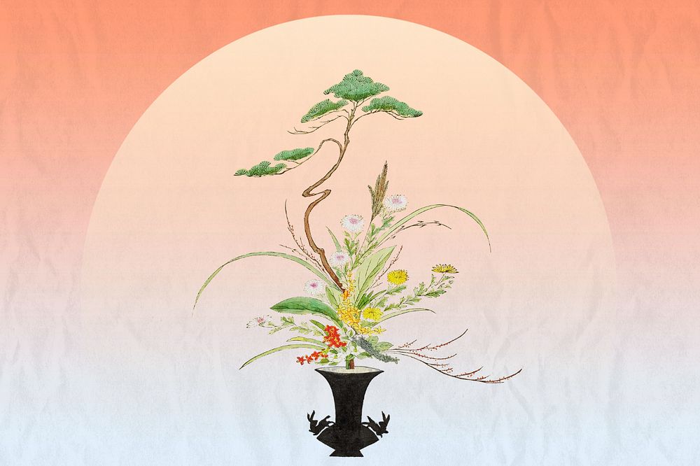 Customizable vintage Japanese flower arrangement, ukiyo-e remix design