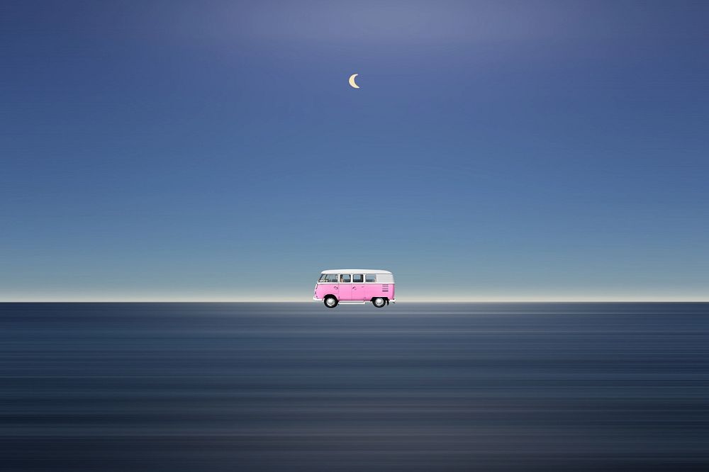 Aesthetic night travel background, camper van design