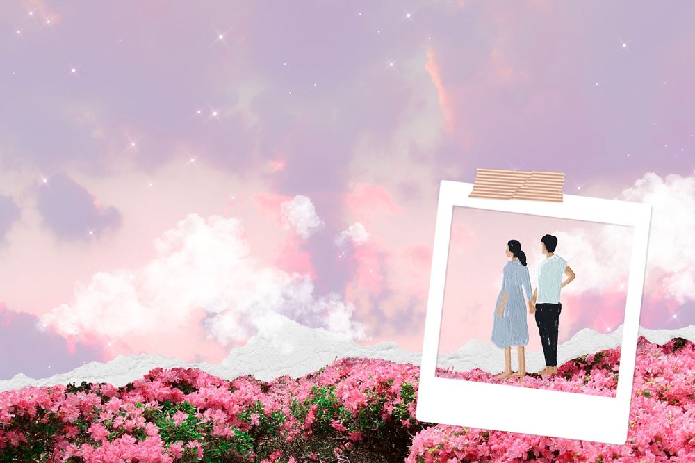 Aesthetic couple dreamscape background, pink sky, editable design