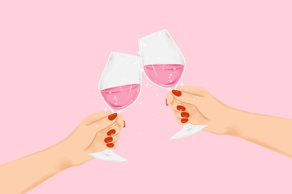 Clinking wine glasses, pink background, editable aesthetic New Year digital painting remix