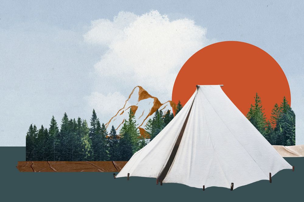 Aesthetic white camping tent, editable travel collage design