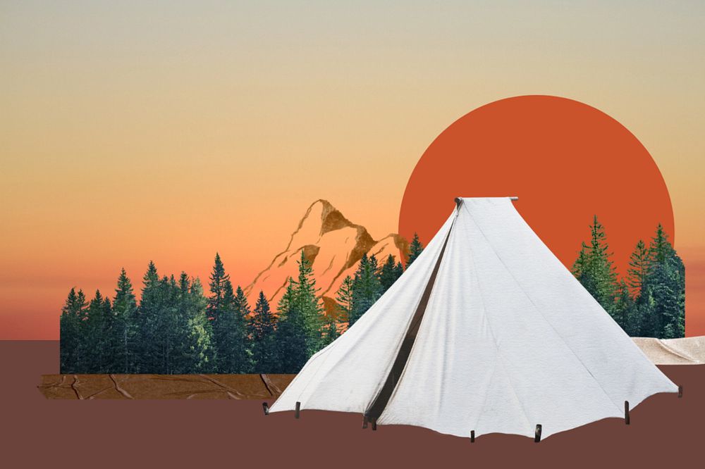 White camping tent, editable travel collage design