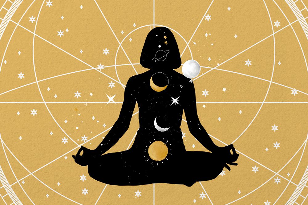 Editable celestial meditation pose, silhouette astrology art design