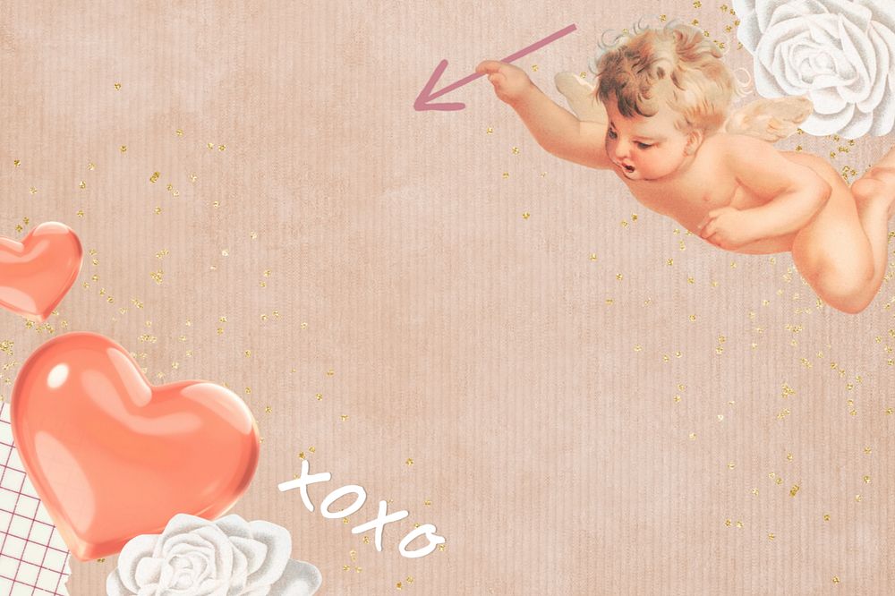 Valentine's cupid border beige background, editable heart collage design