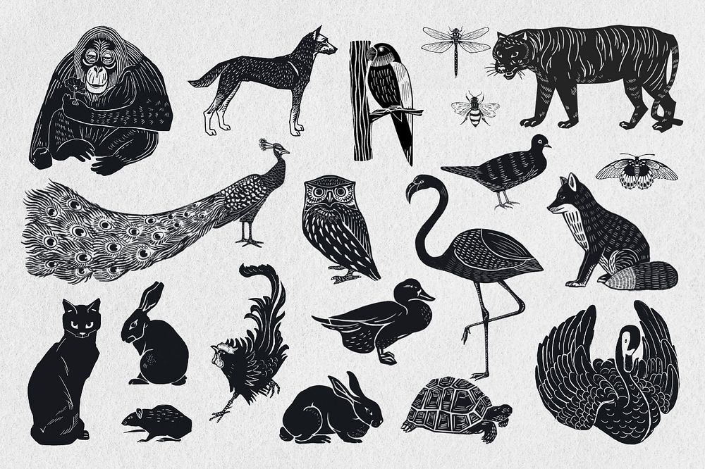 Black wildlife illustration editable sticker set