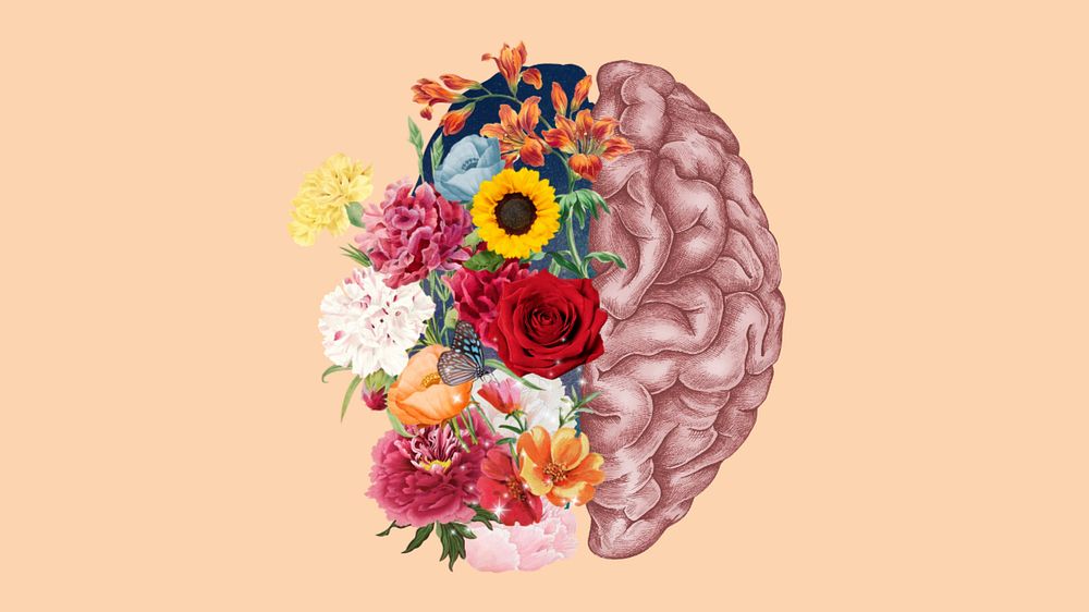 Floral human brain desktop wallpaper, surreal mental health remix background, editable design