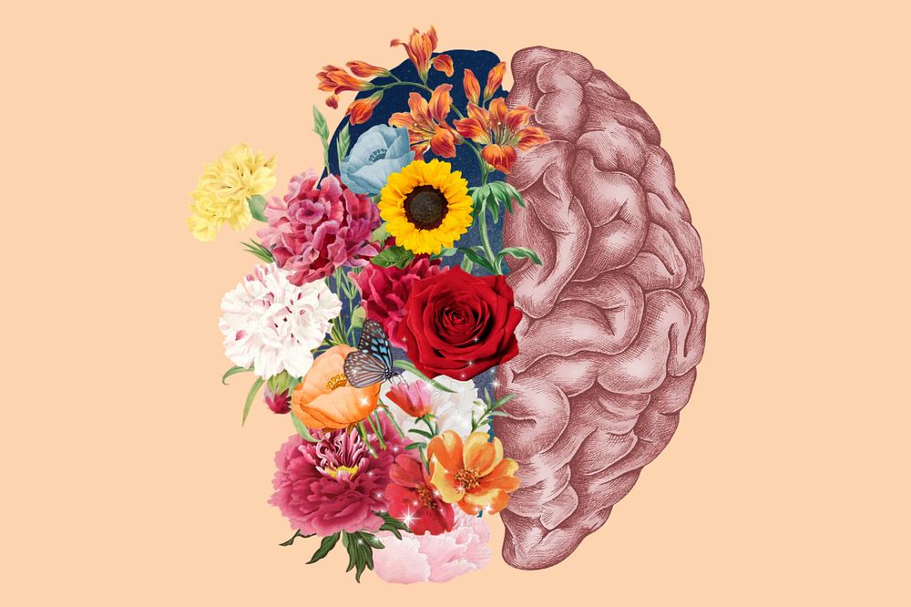 Floral human brain, surreal mental health remix, editable design