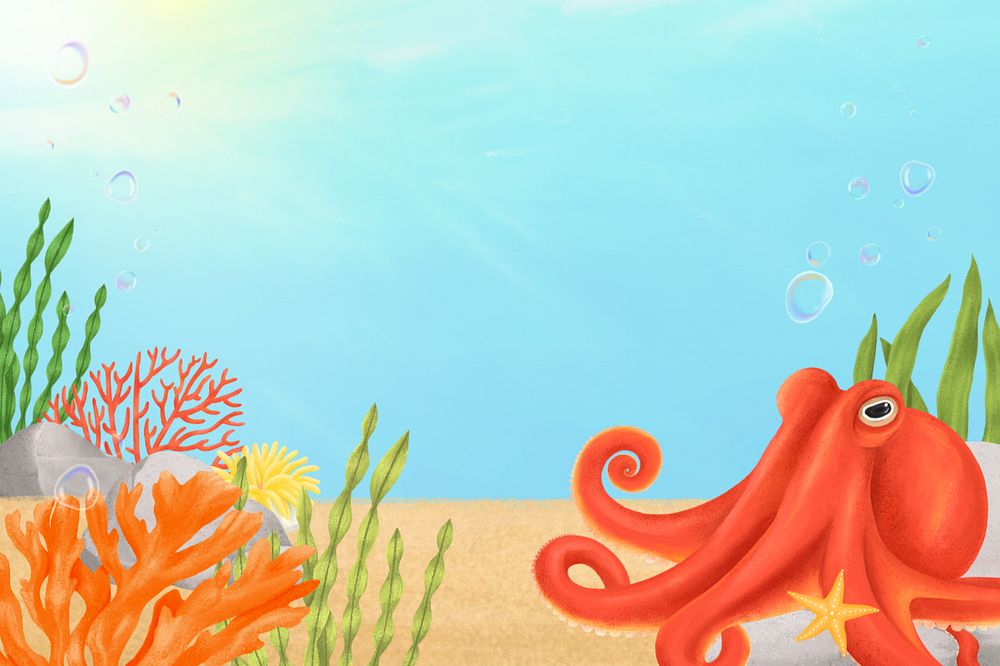 Octopus underwater world background, editable illustration border