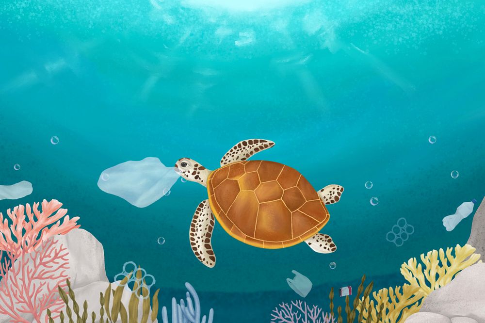 Sea turtle, pollution background, customizable aesthetic illustration remix