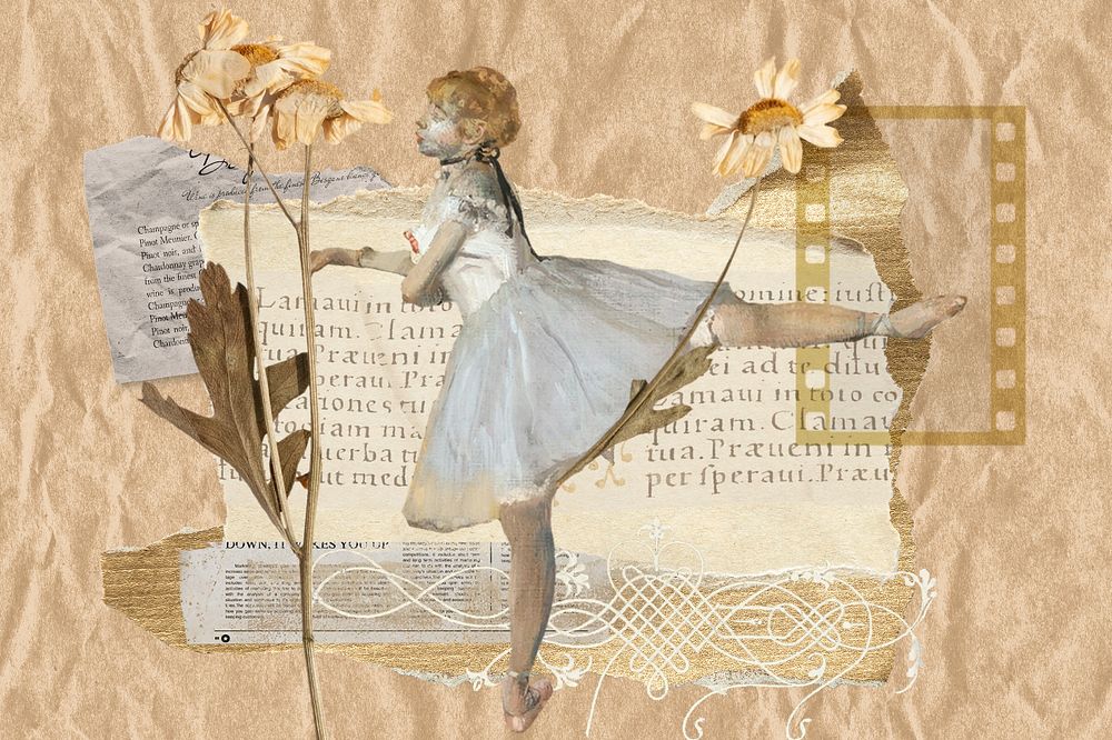 Ballerina aesthetic collage background, vintage paper texture, editable design