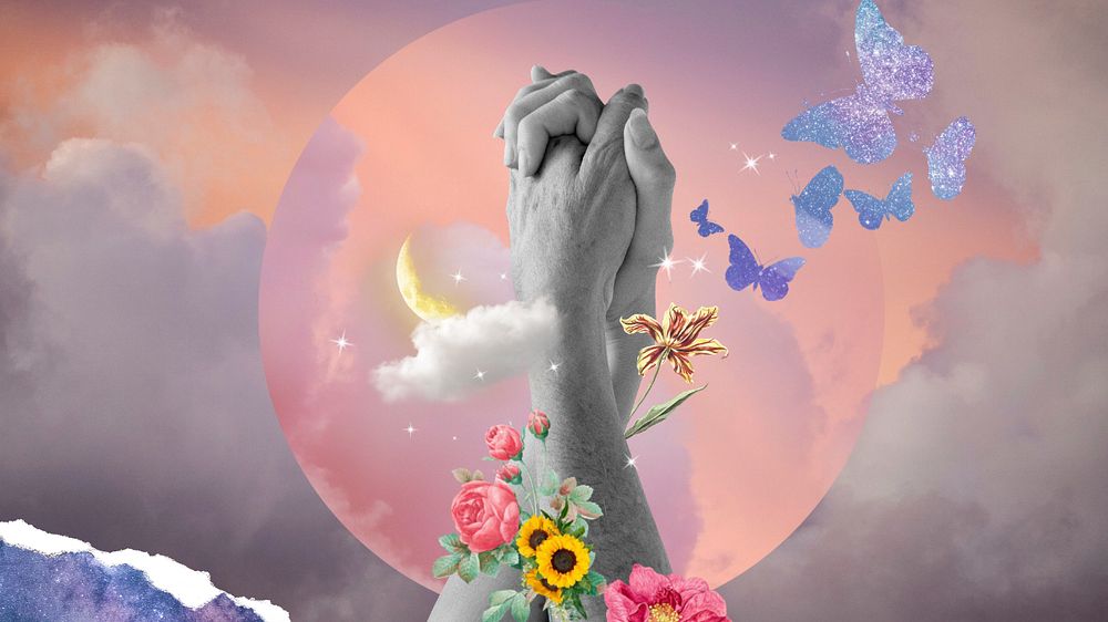 Couple holding hands desktop wallpaper, surreal flower remix, editable design