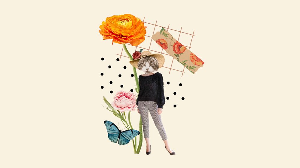 Editable anthropomorphic cat collage art, fashionable cat with flowers and butterfly, desktop wallpaper