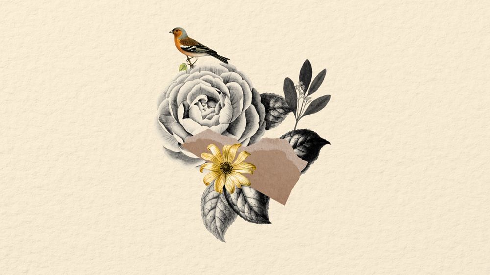 Editable bird and flower Ephemera collage element, desktop wallpaper