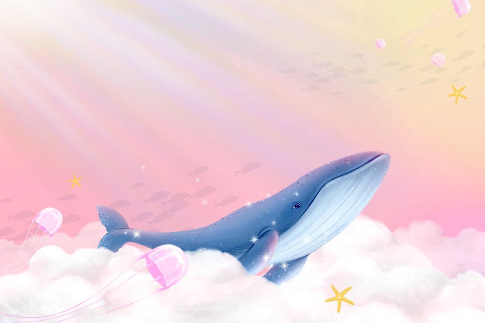 Fantasy cloud whale background, customizable aesthetic illustration remix