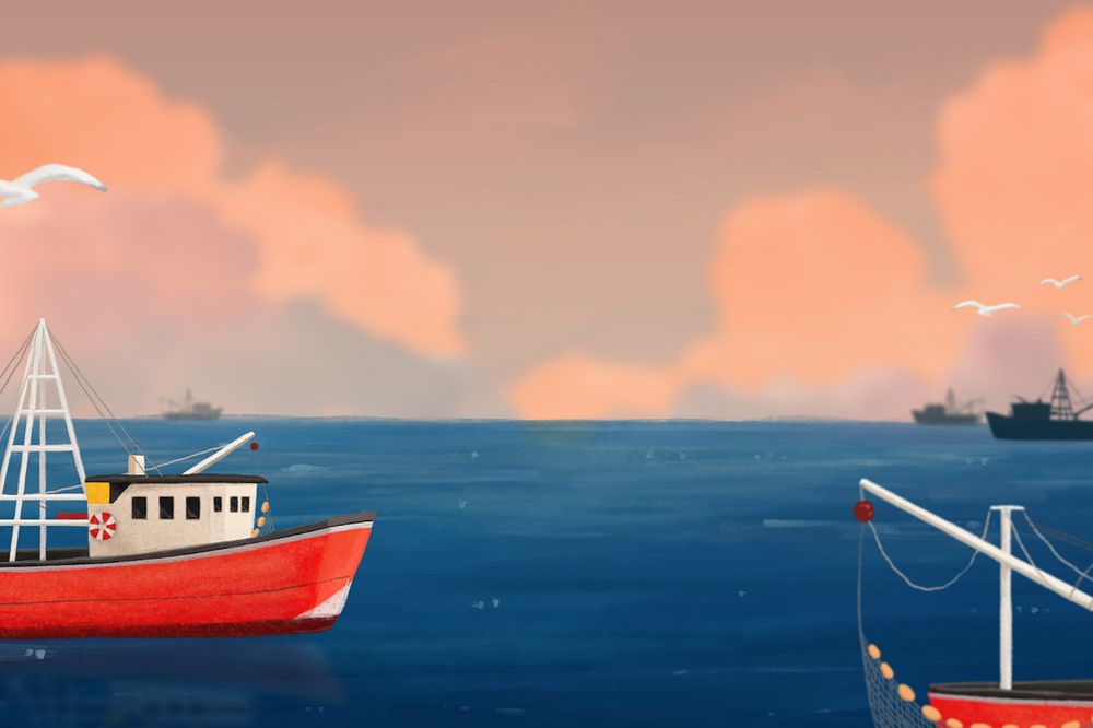 Fishing boats seascape background, customizable aesthetic illustration remix