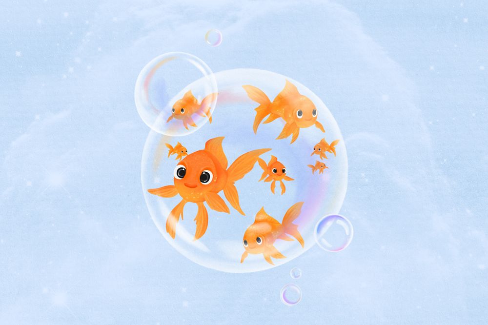 Goldfish bubble, blue background, customizable aesthetic illustration remix