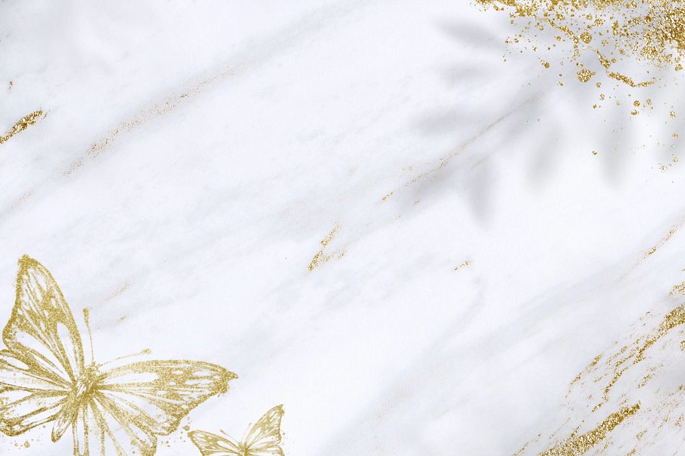 Gold butterfly border background, white marble, editable design