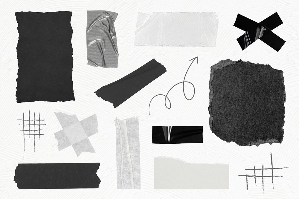 Black and white ripped paper collage element set, editable design