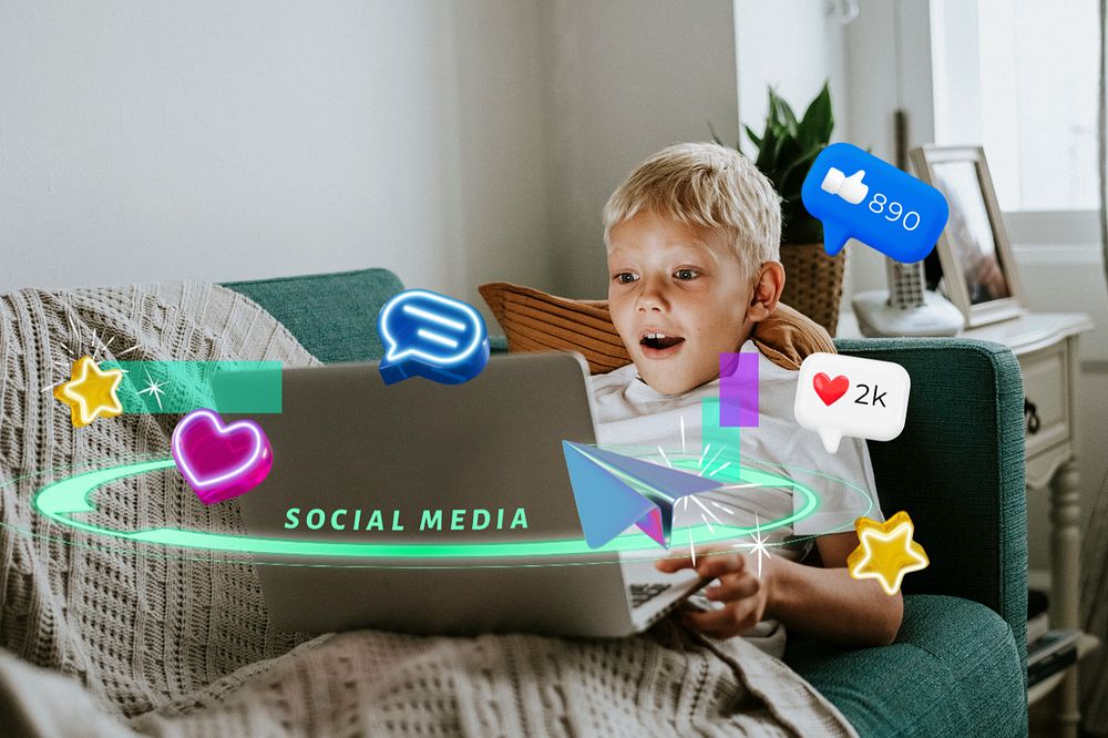 Social media, boy using laptop, digital remix, editable design