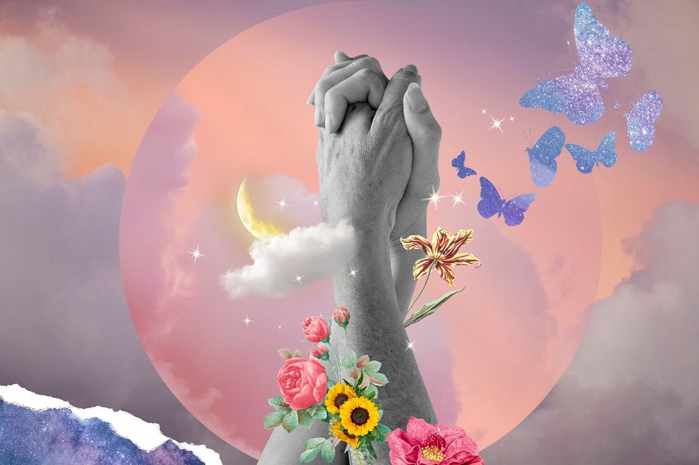 Couple holding hands, surreal flower remix, editable design