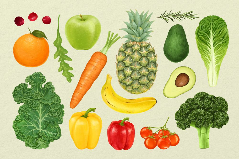 Fruits & vegetables, healthy food ingredients illustration set, editable design