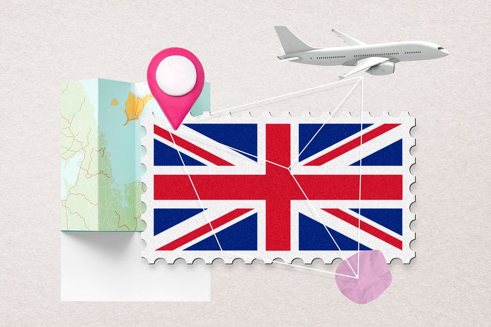 UK travel, stamp tourism collage illustration, editable design