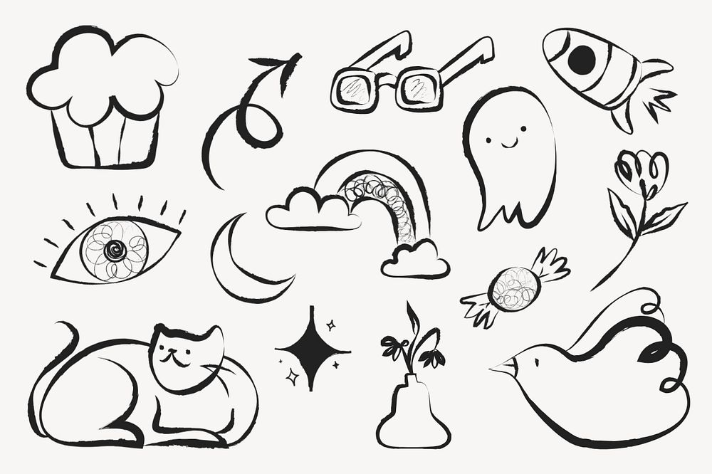 Cute line art doodle set in black and white, editable design