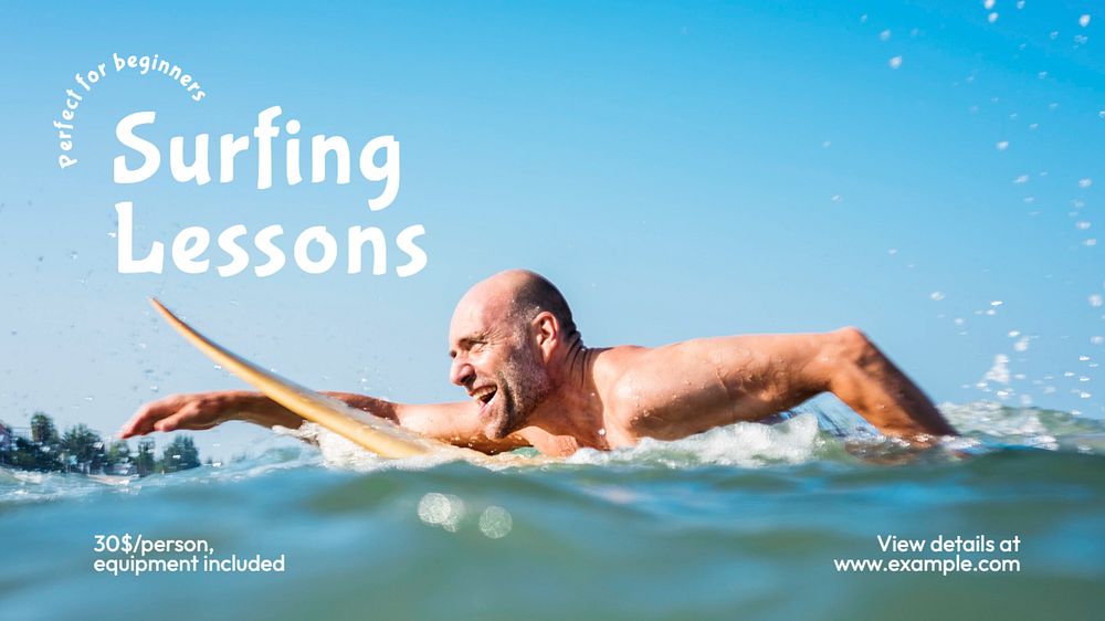 Surfing lessons blog banner template, editable text