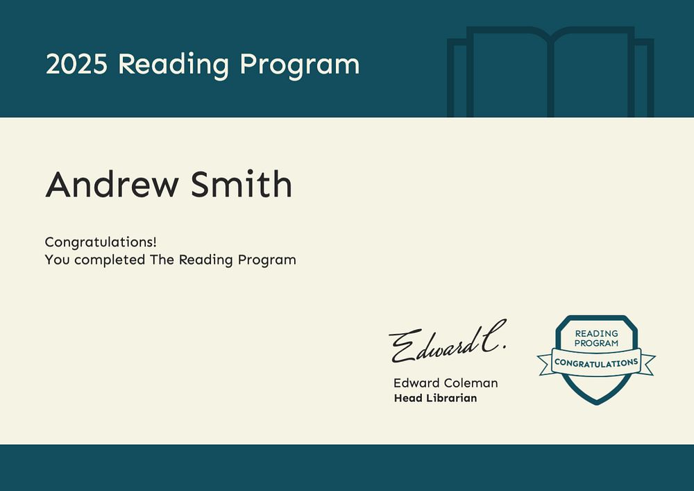 Reading program certificate template, editable design