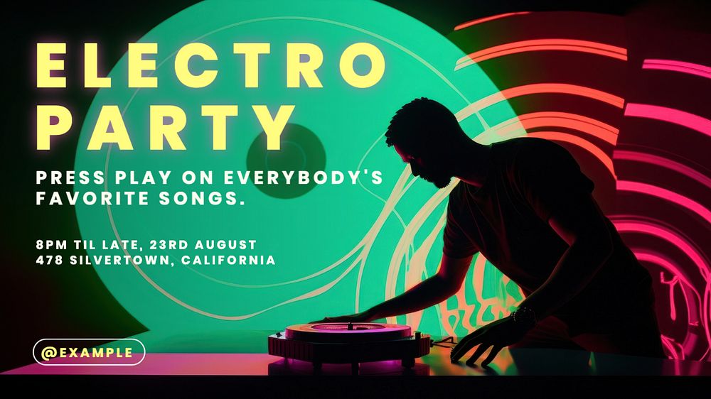 Electro party blog banner template, editable text