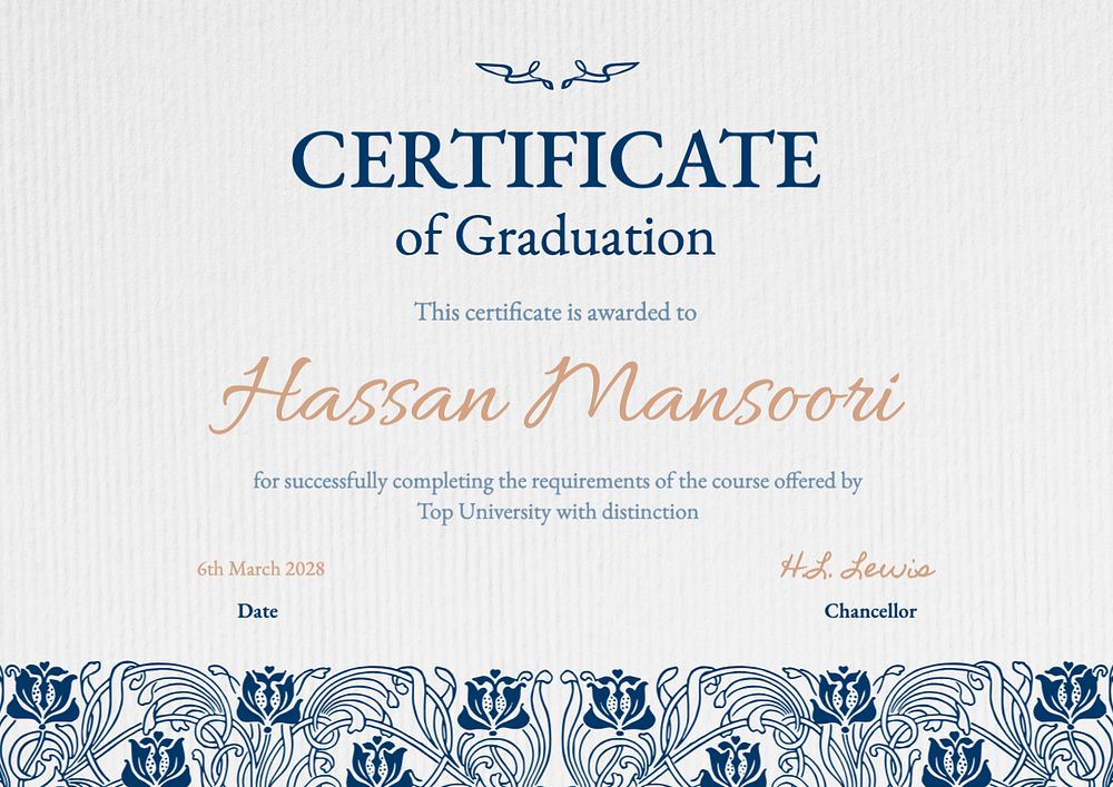 Certificate of graduation template, editable design