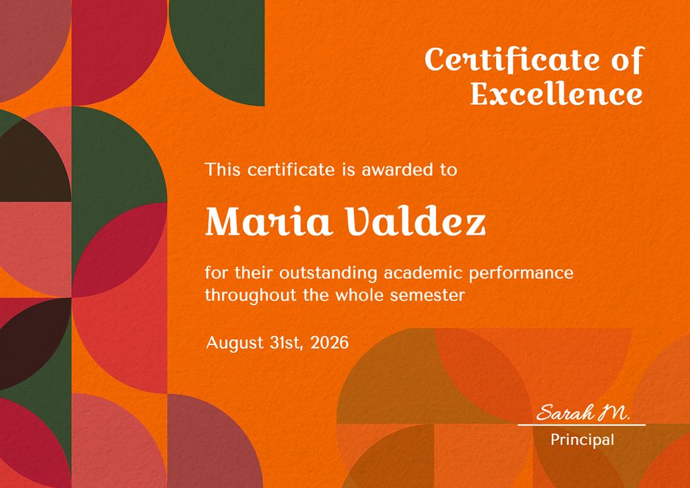 Certificate of excellence template, editable design